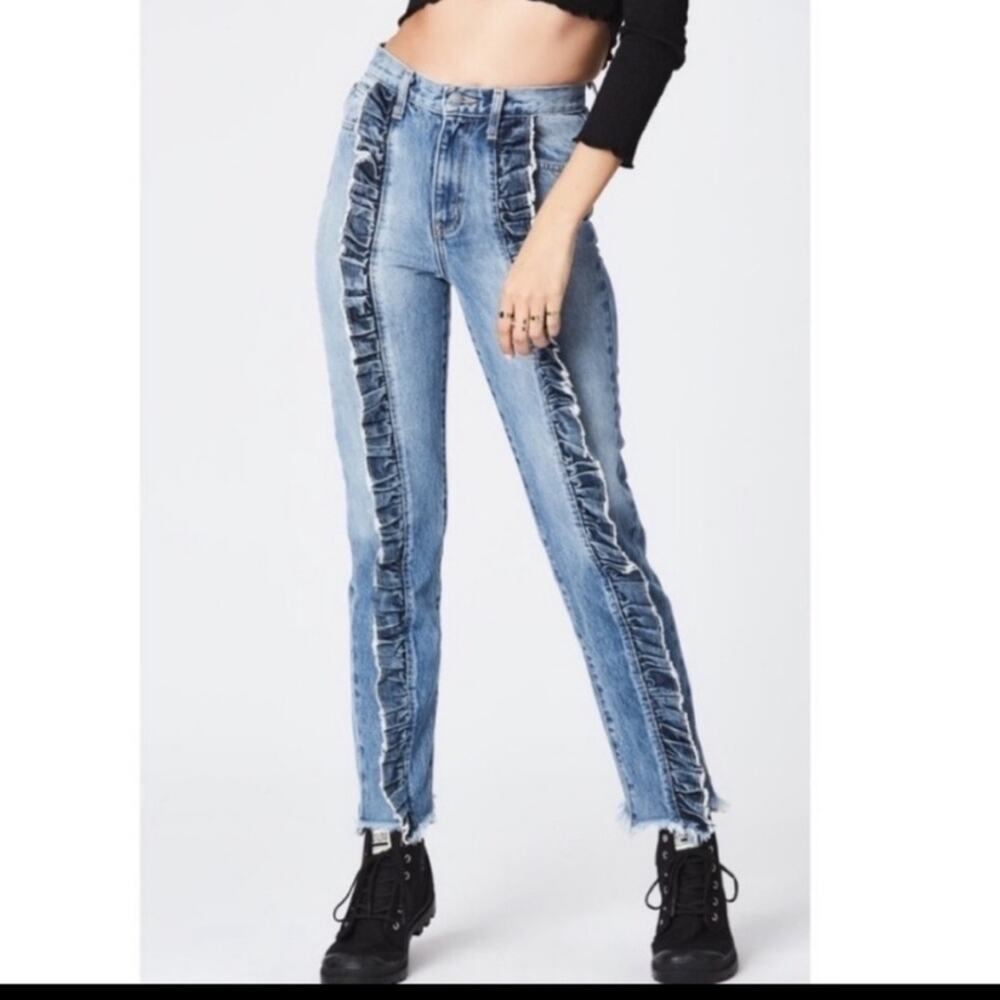 Carmar ruffled jeans high rise straight leg blue denim size 28